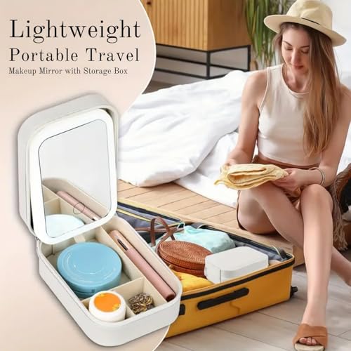 VVRAT V-VRAT Travel Portable LED Makeup Bag with Adjustable Light-Up Mirror, Rechargeable|3-Color Lighting, Dust-Proof Cosmetic Case, Jewelry Organizer and Multi-Compartment Storage Box for Women (White) - Image 4