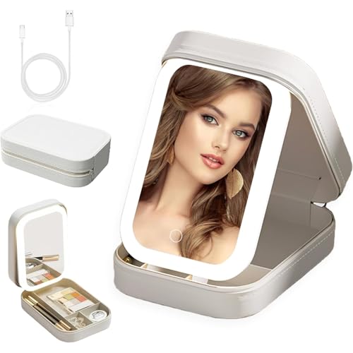 VVRAT V-VRAT Travel Portable LED Makeup Bag with Adjustable Light-Up Mirror, Rechargeable|3-Color Lighting, Dust-Proof Cosmetic Case, Jewelry Organizer and Multi-Compartment Storage Box for Women (White) - Image 1