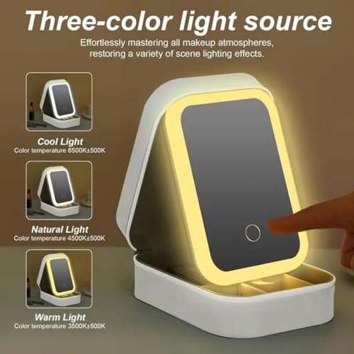 VVRAT V-VRAT Travel Portable LED Makeup Bag with Adjustable Light-Up Mirror, Rechargeable|3-Color Lighting, Dust-Proof Cosmetic Case, Jewelry Organizer and Multi-Compartment Storage Box for Women (White) - Image 3