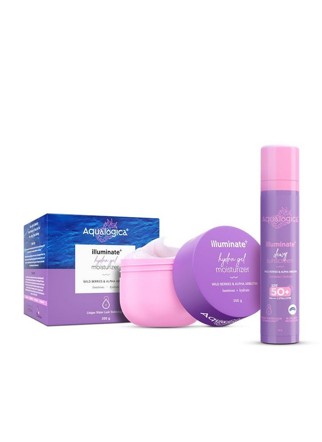 Aqualogica Illuminate+ Protect & Hydrate Kit| Illuminate+ Dewy Sunscreen Spf 50+ Pa++++ (50 G) + Illuminate+ Hydra Gel Moisturizer (200G)|Spf 50+ Pa++++|For Luminous Skin|24 Hour Intense Hydration  - Image 1