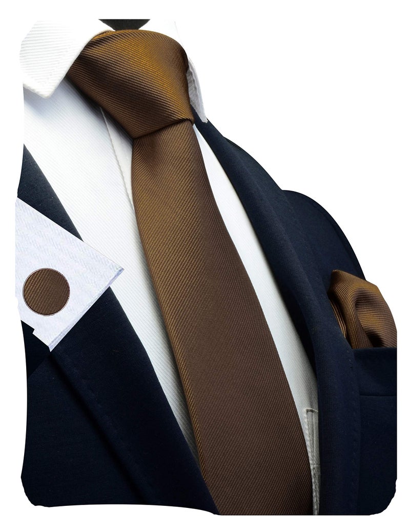GUSLESON Brand Men's Wedding Solid Tie Sets Dark Brown Ties for Men Formal Necktie With Cufflinks and Pocket Square (0789-22) - Image 1
