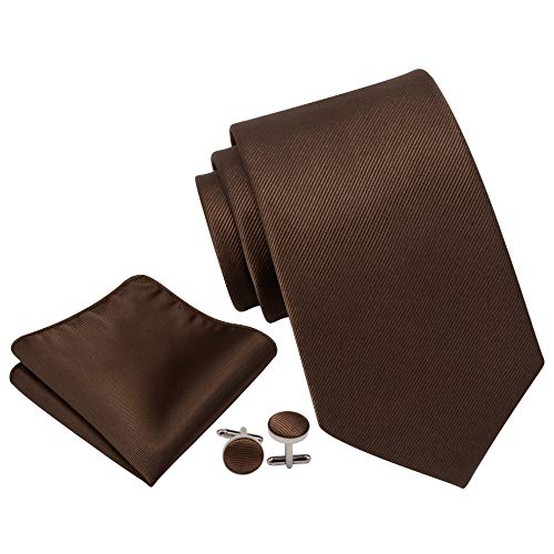 GUSLESON Brand Men's Wedding Solid Tie Sets Dark Brown Ties for Men Formal Necktie With Cufflinks and Pocket Square (0789-22) - Image 2