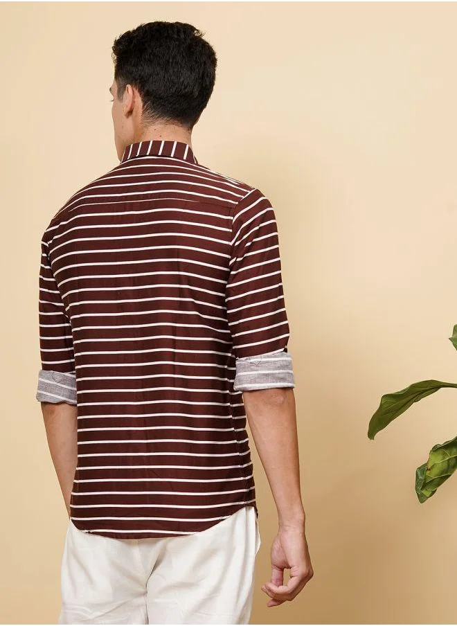 The Indian Garage Co Men Slim Fit Multi Striped Full Sleeves Cutaway Collar Casual Shirt
