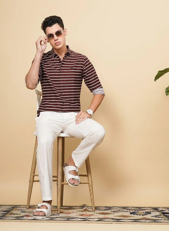 شركة المرآب الهندية Men Slim Fit Multi Striped Full Sleeves Cutaway Collar Casual Shirt