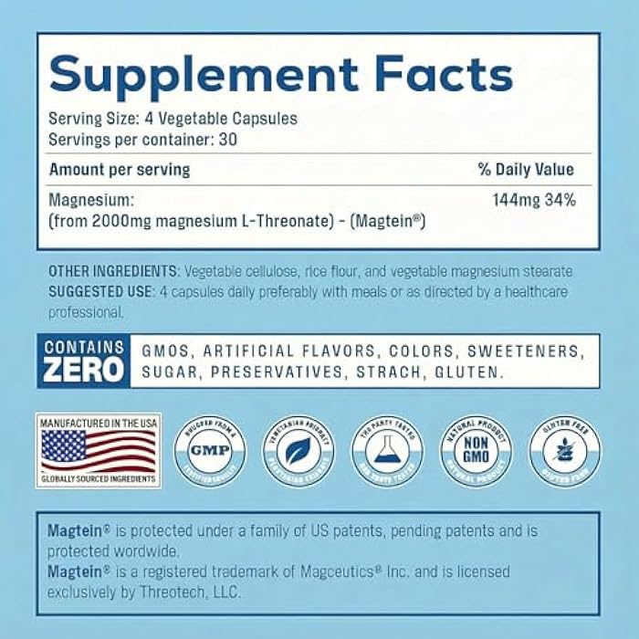 Teraputics Magnesium L Threonate, Magtein, Brain Supplement for Memory, Focus, Sleep and Cognitive Support, High Absorption Magnesium L-Threonate, Non-GMO, No Laxative Effect – 2,000 mg, 120 Vegan Capsules - Image 4