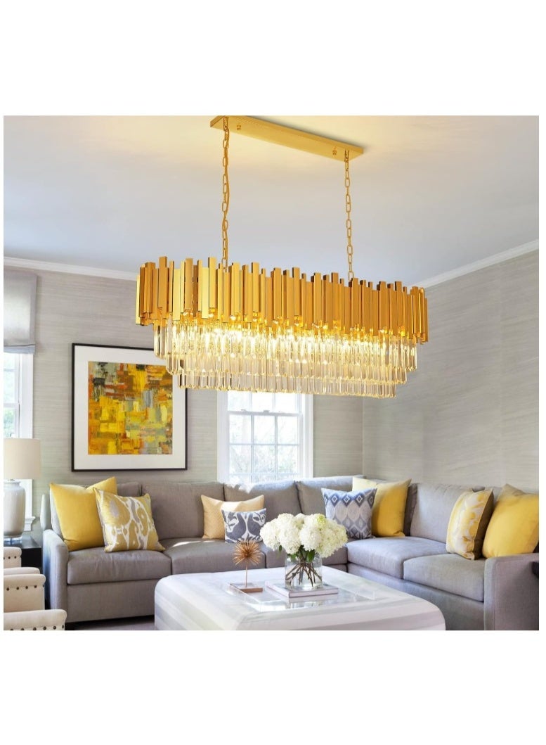 Luxury Gold Rectangular Crystal Chandelier – Modern LED Pendant Light Fixture for Living Room, Dining Room, Foyer or Kitchen Island – Elegant Gold Frame with Clear Glass Prism Drops - Image 1