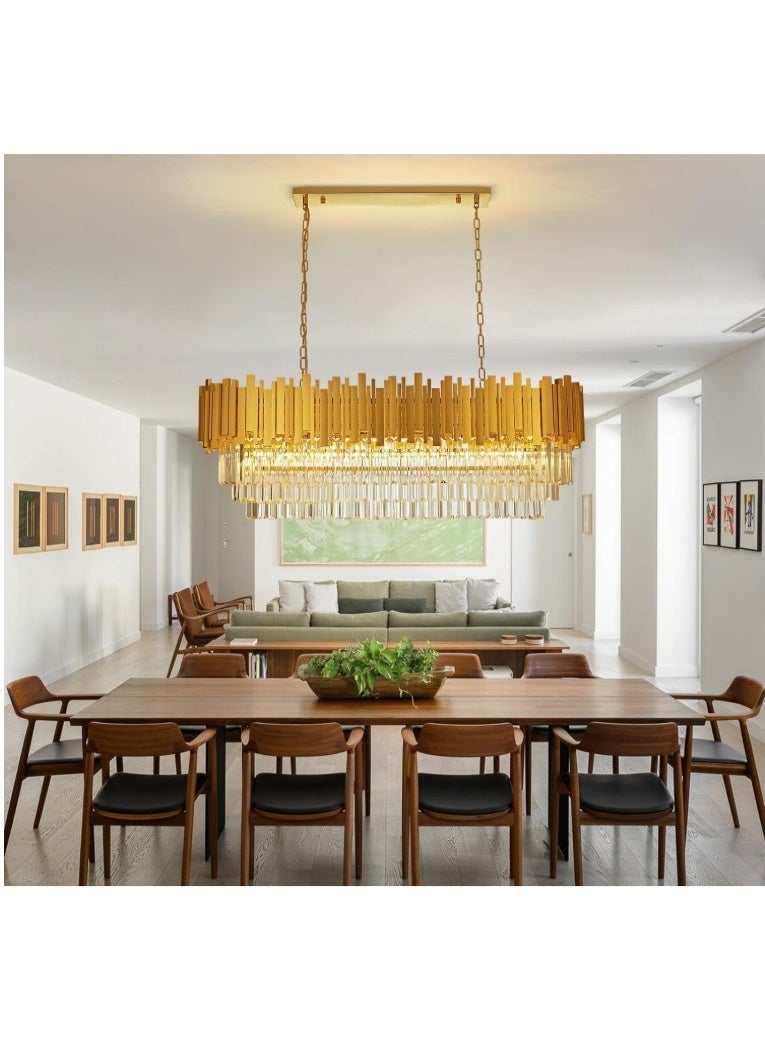 Luxury Gold Rectangular Crystal Chandelier – Modern LED Pendant Light Fixture for Living Room, Dining Room, Foyer or Kitchen Island – Elegant Gold Frame with Clear Glass Prism Drops - Image 2