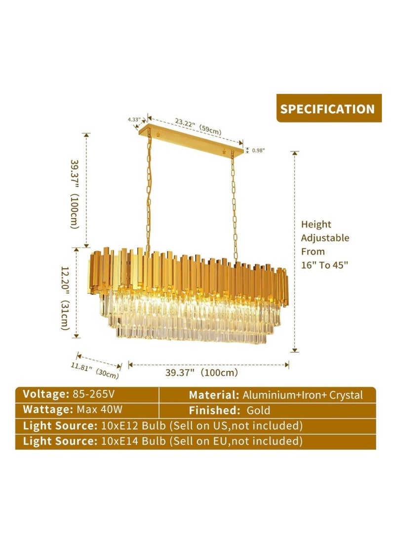 Luxury Gold Rectangular Crystal Chandelier – Modern LED Pendant Light Fixture for Living Room, Dining Room, Foyer or Kitchen Island – Elegant Gold Frame with Clear Glass Prism Drops - Image 3