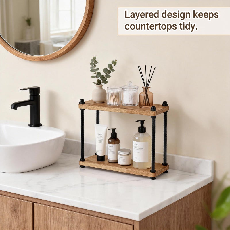 Mkono Bathroom Counter Organizer, 2 Tier Wooden Shelf for Vanity Countertop Skincare Makeup, Rustic Bathroom Decor Storage and Organization for Kitchen, Coffee Bar, Office, Light Brown - Image 2
