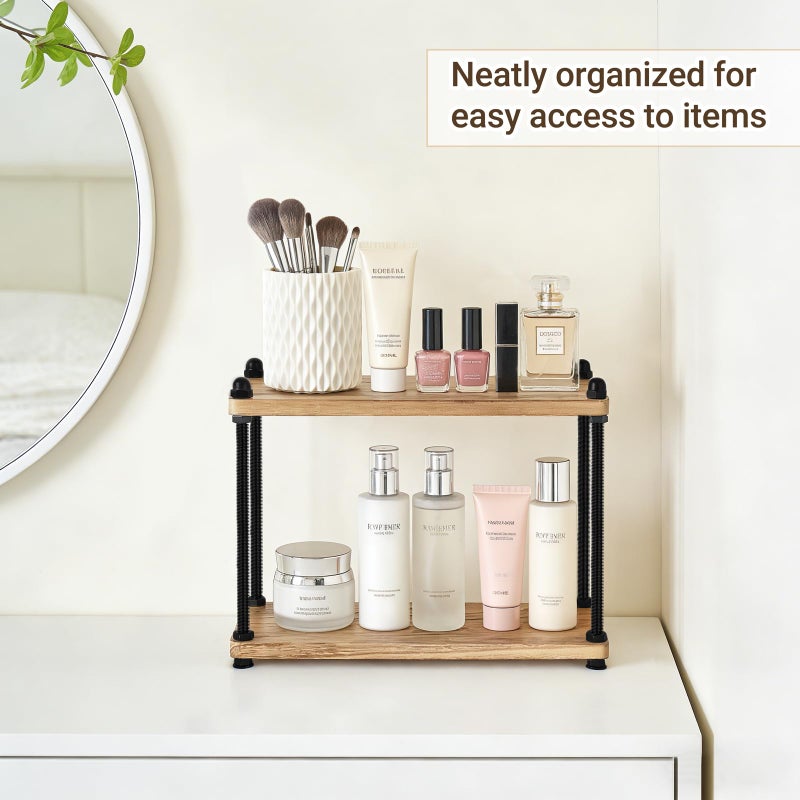 Mkono Bathroom Counter Organizer, 2 Tier Wooden Shelf for Vanity Countertop Skincare Makeup, Rustic Bathroom Decor Storage and Organization for Kitchen, Coffee Bar, Office, Light Brown - Image 3