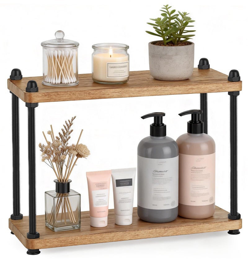 Mkono Bathroom Counter Organizer, 2 Tier Wooden Shelf for Vanity Countertop Skincare Makeup, Rustic Bathroom Decor Storage and Organization for Kitchen, Coffee Bar, Office, Light Brown - Image 1