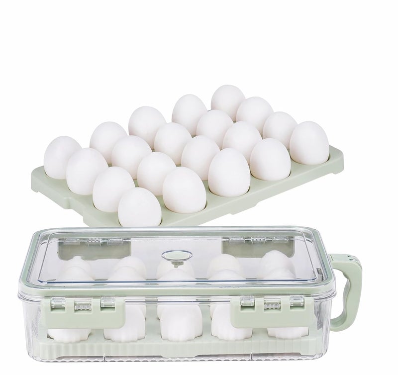 VDHJA 20 Grid Egg Home Storage Box Egg Refrigerator Storage Tray With Sealed Lid PV Egg Holder For Stackable Egg Tray With Time Record Keep Fresh For Storage Organizer Green - Image 1