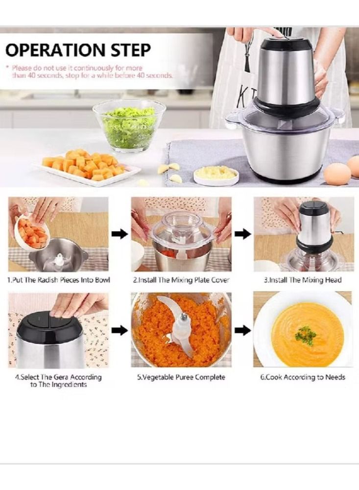 Dream Zone Food Chopper with 3L Stainless Steel Bowl Meat Chopper With Bi-Level Blades, 2 Speed Levels, 300W Multi Food Chopper For Meat, Vegetables, Fruits And Nuts - Image 3