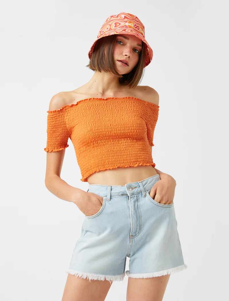 كوتون Women’s Orange Off-Shoulder Smocked Crop Top