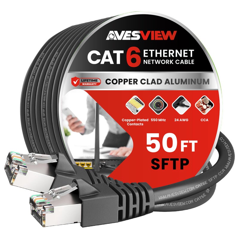 AvesView CAT 6 Shielded 50 ft Ethernet Cable, Indoor High-Speed (SFTP) 10Gbps Snagless Shielded Ethernet Cable 50 ft for Internet, Router, Computer, PlayStation, Xbox, POE Camera, Printer - Black - Image 1