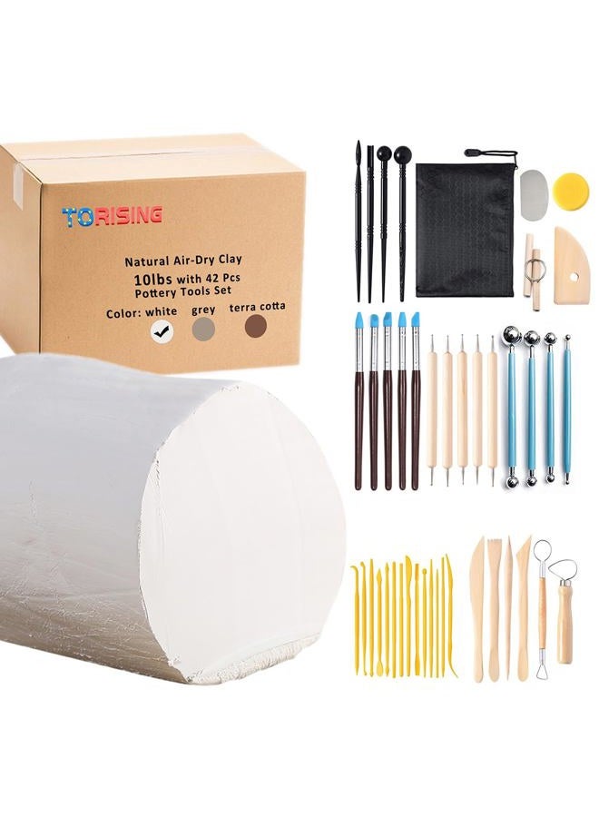 TORISING Air Dry Clay 10 LBs with 42 Pcs Set Pottery Clay Tools Set for Hand Modeling and Throwing, Non-Toxic (White & Kit) - Image 1
