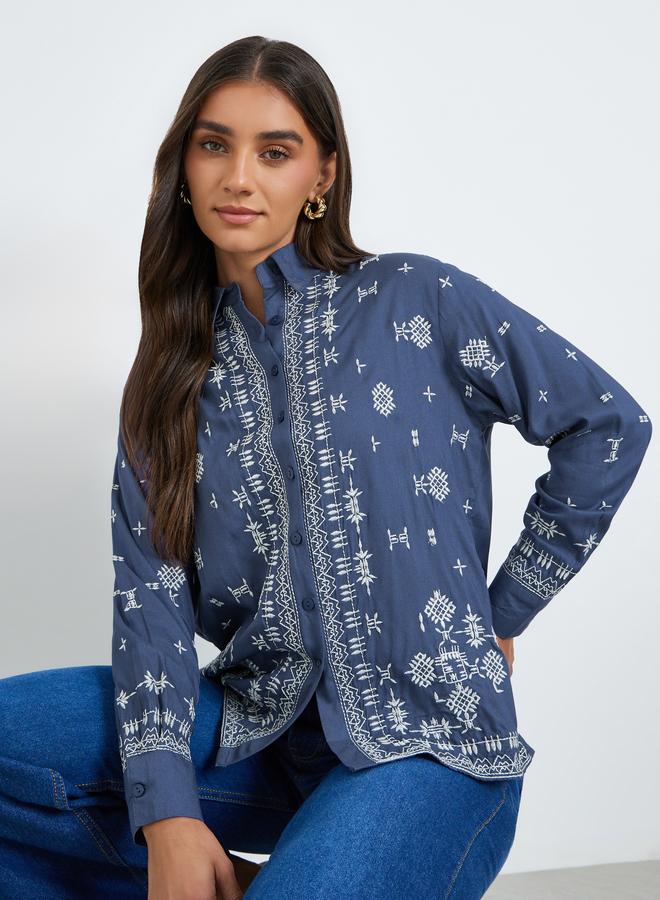 Styli Women Blue Embroidered Oversized Shirt - Image 1