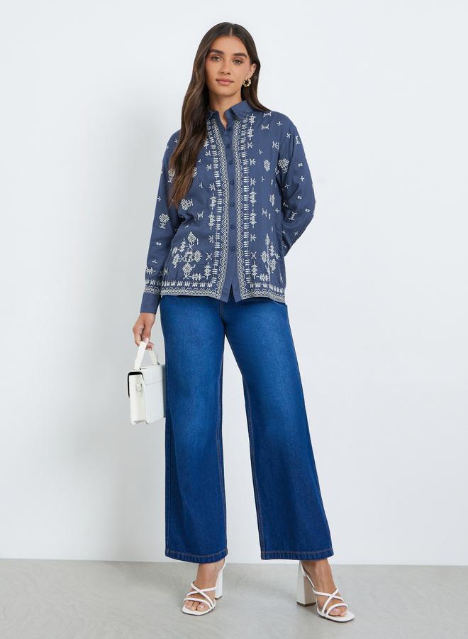 Styli Women Blue Embroidered Oversized Shirt - Image 2