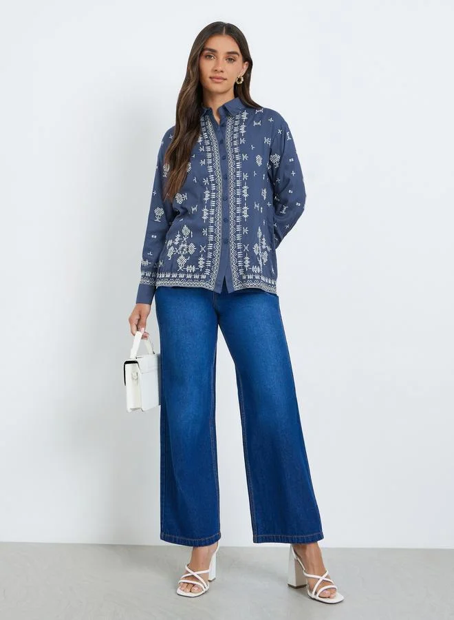 Styli Women Blue Embroidered Oversized Shirt