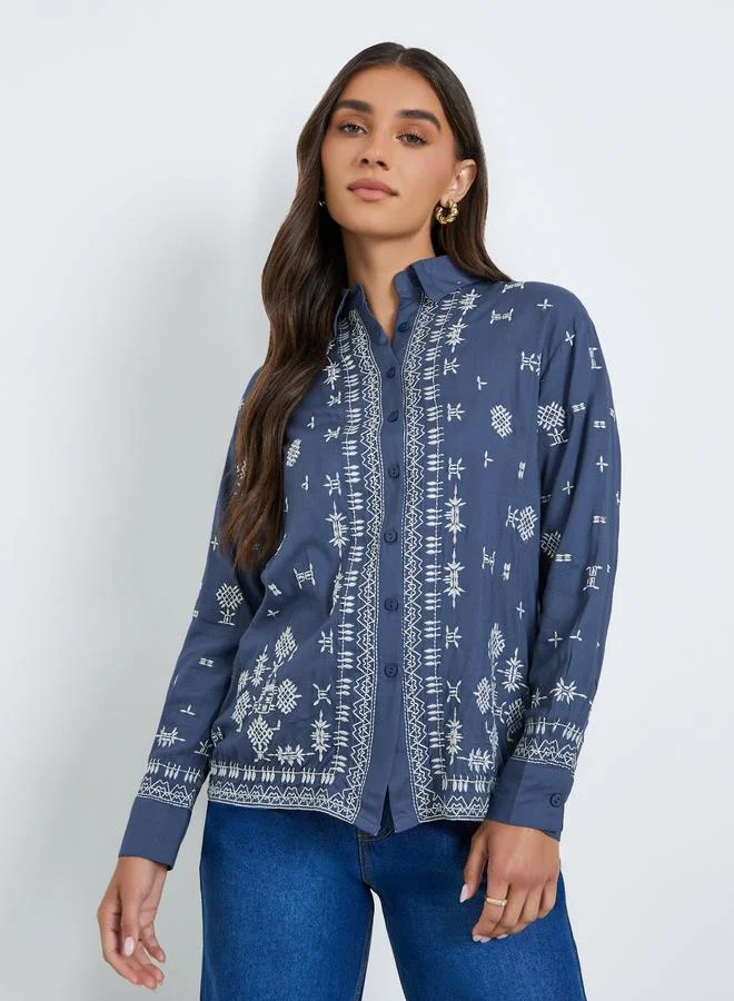 Styli Women Blue Embroidered Oversized Shirt