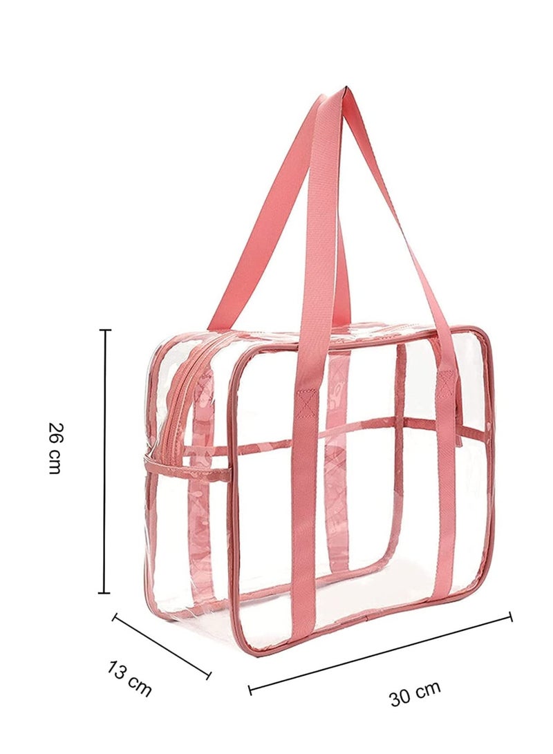 SYOSI Clear Makeup Handbag Travel Transparent Cosmetics Bag Tote Bag PVC Zippered Toiletry Carry Pouch Lightweight Waterproof Makeup Artist Large Bag Organizer Bag Beach Bag Shoulder Bag Pink  - Image 3