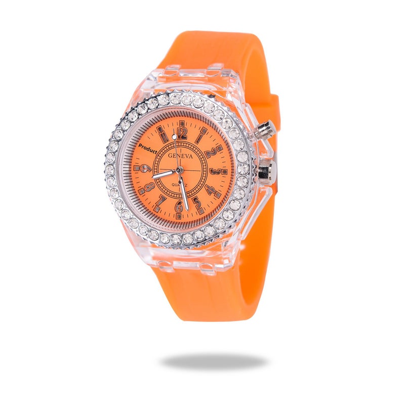 Luminous Couple LED Fluorescent Watches Mens Womens Fashionable Harajuku Korean Style Sporty Quartz Wristwatches Orange 