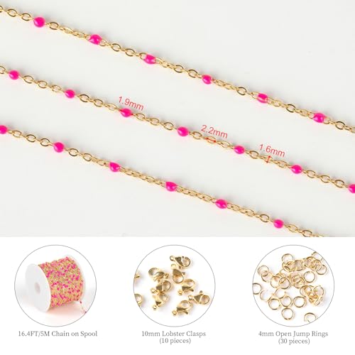 KYUNHOO 16.4 Feet/5M Rose Red Enamel Beaded Chain for Jewelry Making Gold Plated Stainless Steel Chain Spool Cross Cable Link Chains Bulk with Lobster Clasps and Jump Rings - Image 2
