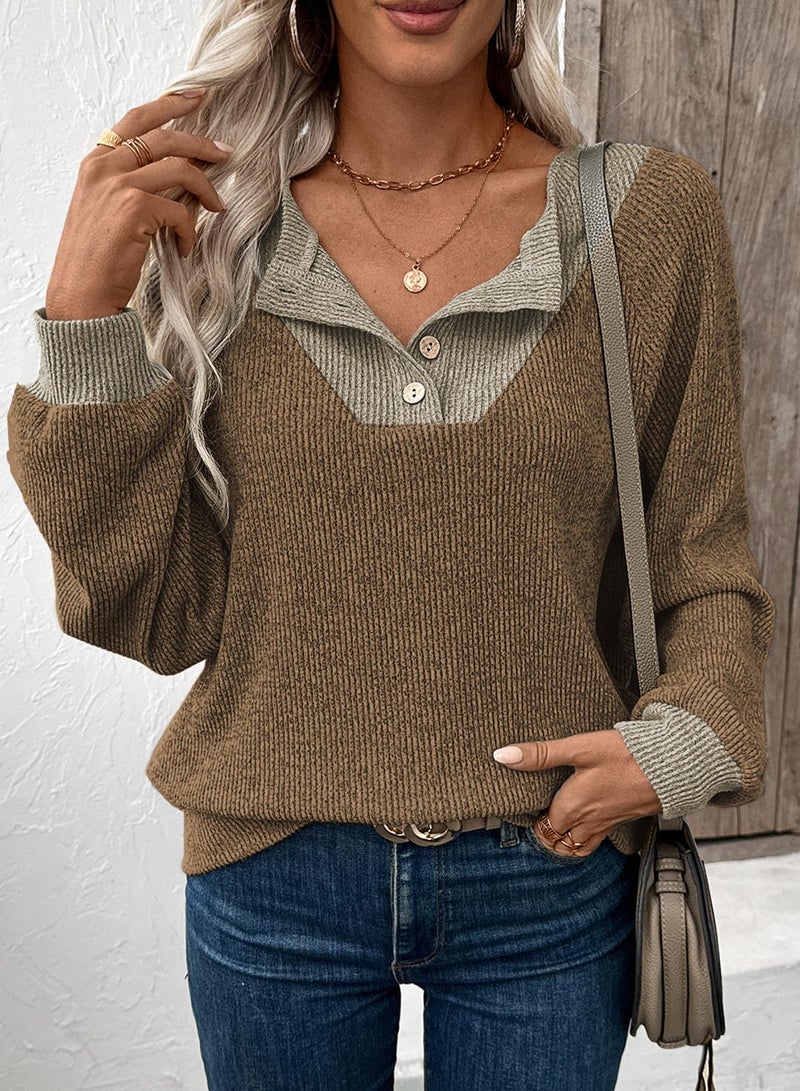 EVALESS Womens Long Sleeve Shirts Spring Fashion 2026 Patchwork Button Up V Neck Oversized Sweatshirt Casual Trendy Pullover Tops School Outfits for Teachers Brown X-Large - Image 3