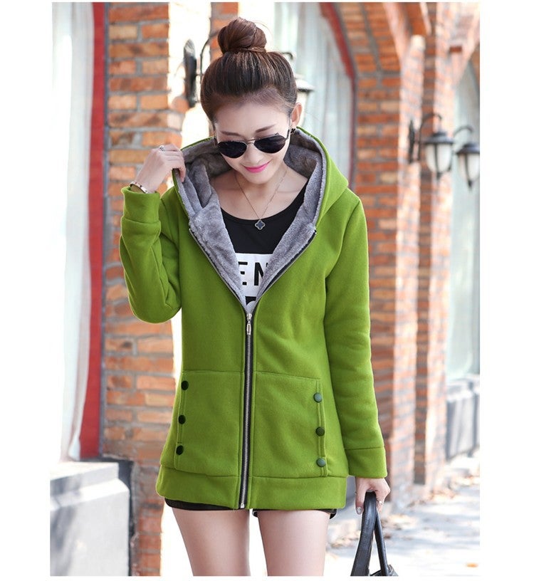 2024 Womens Fleece Hoodie Thick Winter Korean Open Cardigan Green  - Image 1