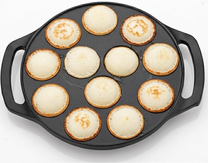 ROSTON Cast Iron Paniyaram Appam Pan Appe Ponganalu Pan Chatti Appam Maker, Cast Iron 12 Cavity Induction Base, Black - Image 1