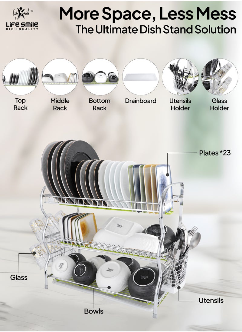 Life Smile LIFE SMILE Dish Rack - 3 Tier Countertop Dish Drying Stand With Removable Drip Tray - Pure Stainless Steel with Utensil Holder and Cups Holder - Anti Slip and Rust Proof Dish Drainer  - Image 2