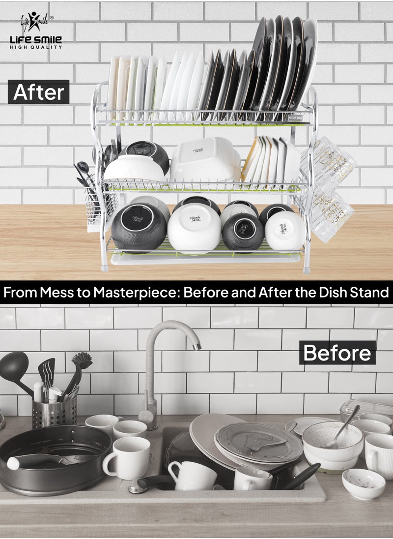 Life Smile LIFE SMILE Dish Rack - 3 Tier Countertop Dish Drying Stand With Removable Drip Tray - Pure Stainless Steel with Utensil Holder and Cups Holder - Anti Slip and Rust Proof Dish Drainer  - Image 5