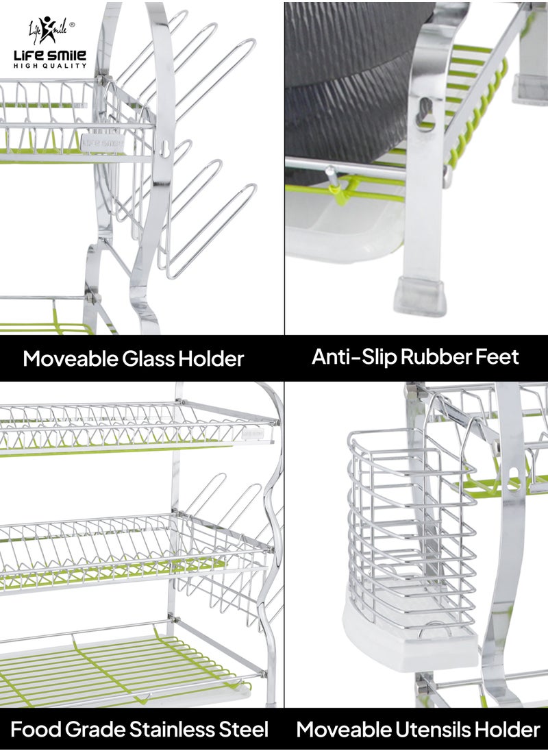 Life Smile LIFE SMILE Dish Rack - 3 Tier Countertop Dish Drying Stand With Removable Drip Tray - Pure Stainless Steel with Utensil Holder and Cups Holder - Anti Slip and Rust Proof Dish Drainer  - Image 4
