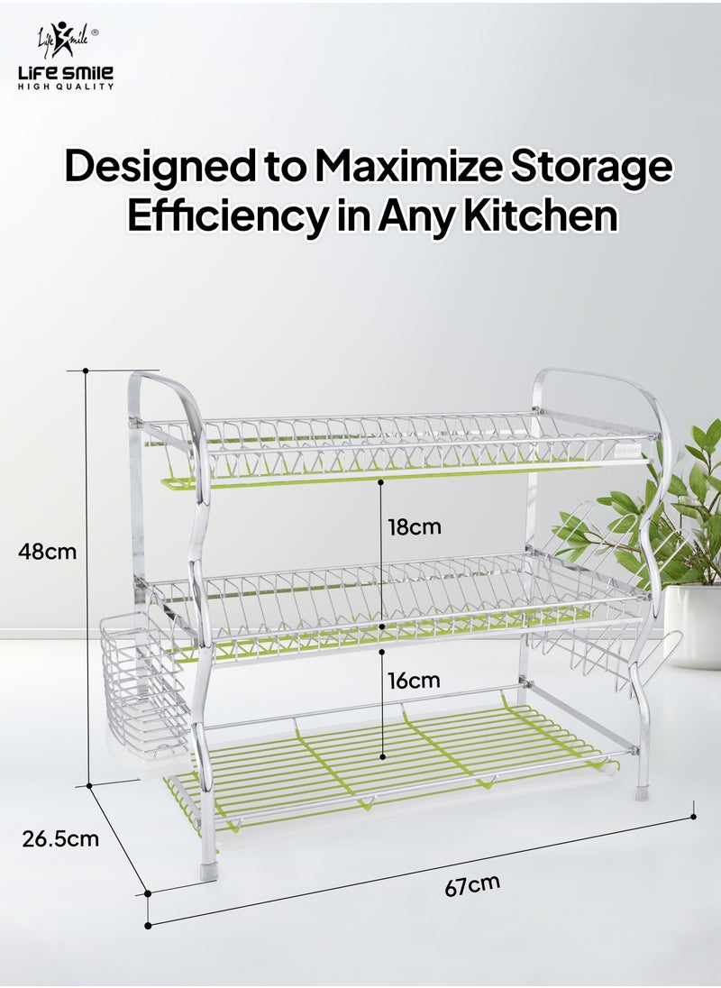Life Smile LIFE SMILE Dish Rack - 3 Tier Countertop Dish Drying Stand With Removable Drip Tray - Pure Stainless Steel with Utensil Holder and Cups Holder - Anti Slip and Rust Proof Dish Drainer  - Image 3