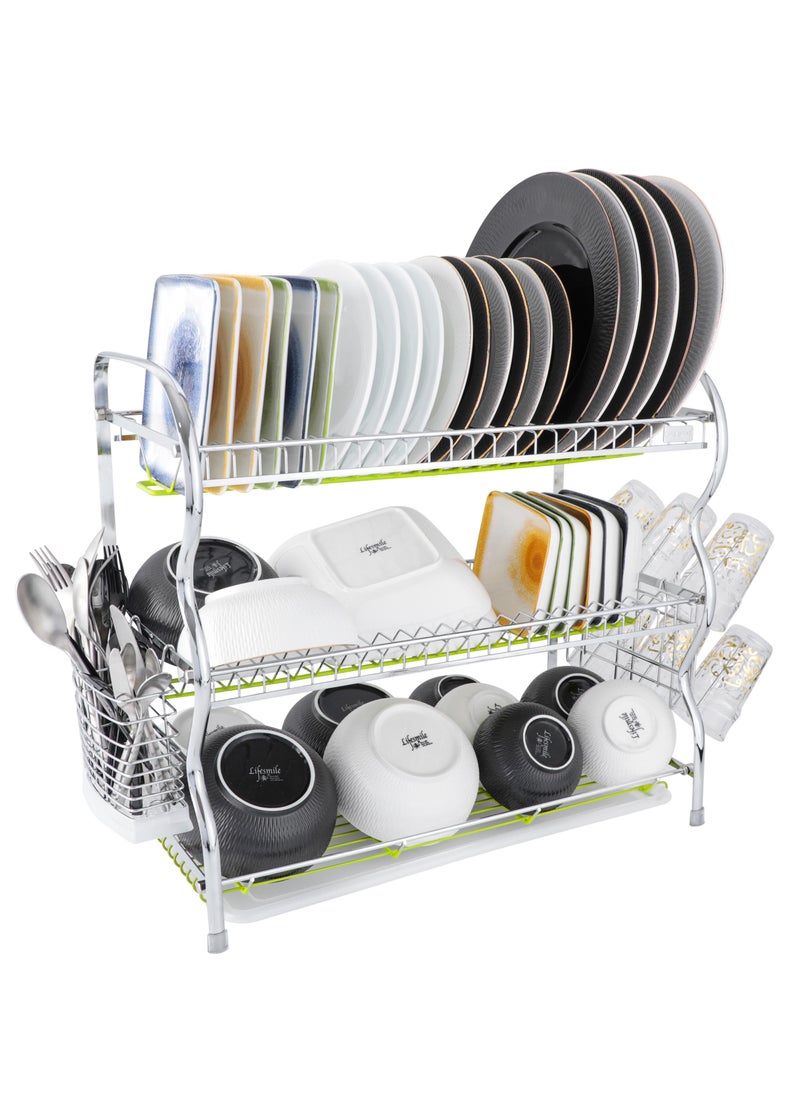 Life Smile LIFE SMILE Dish Rack - 3 Tier Countertop Dish Drying Stand With Removable Drip Tray - Pure Stainless Steel with Utensil Holder and Cups Holder - Anti Slip and Rust Proof Dish Drainer  - Image 1