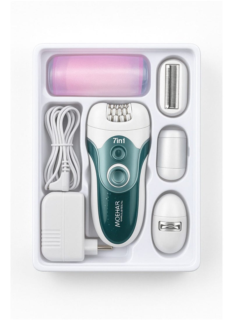 MoeHair - 7 in 1 hair removal epilator electric , a powerful device for gentle and painless hair removal for women, For home use, easy to operate and quick, gentle on the skin. Model MO-9050 , Contain s 3 accessories. - Image 1