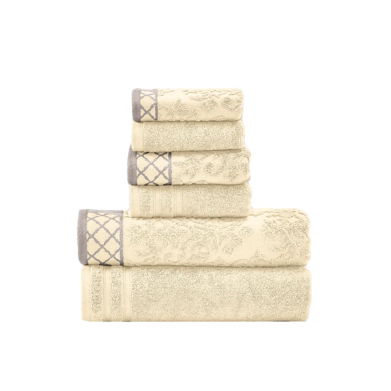 Modern Threads 6-Piece Damask Jacquard/Solid Ultra Soft 550GSM 100% Combed Cotton Towel Set with Embellished Borders [Ivory]