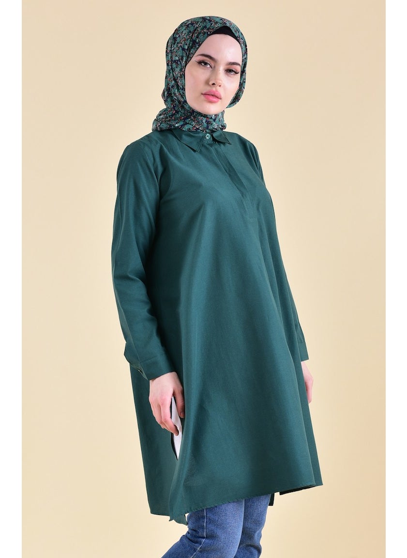 Sefa Merve Hidden Buttoned Slit Tunic 6478-05 Emerald Green  - Image 1