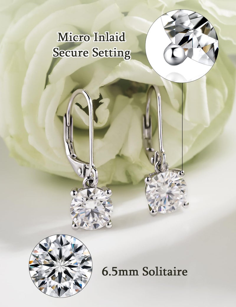 IMOLOVE Moissanite Leverback Drop Earrings for Women, Dangle Earrings 925 Sterling Silver with 18K White Gold Plated, Delicate Wedding Jewelry Gifts 2CT - Image 2