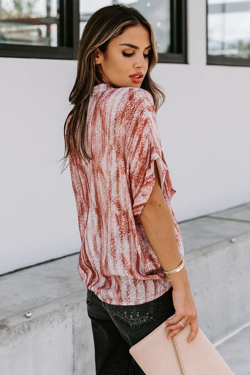 ANCAPELION Women’s Summer Chiffon Blouse Casual Short Sleeve V Neck Shirt Loose Printed Cuffed Sleeve Tunic Tops for Women Line Orange Printed Small - Image 2