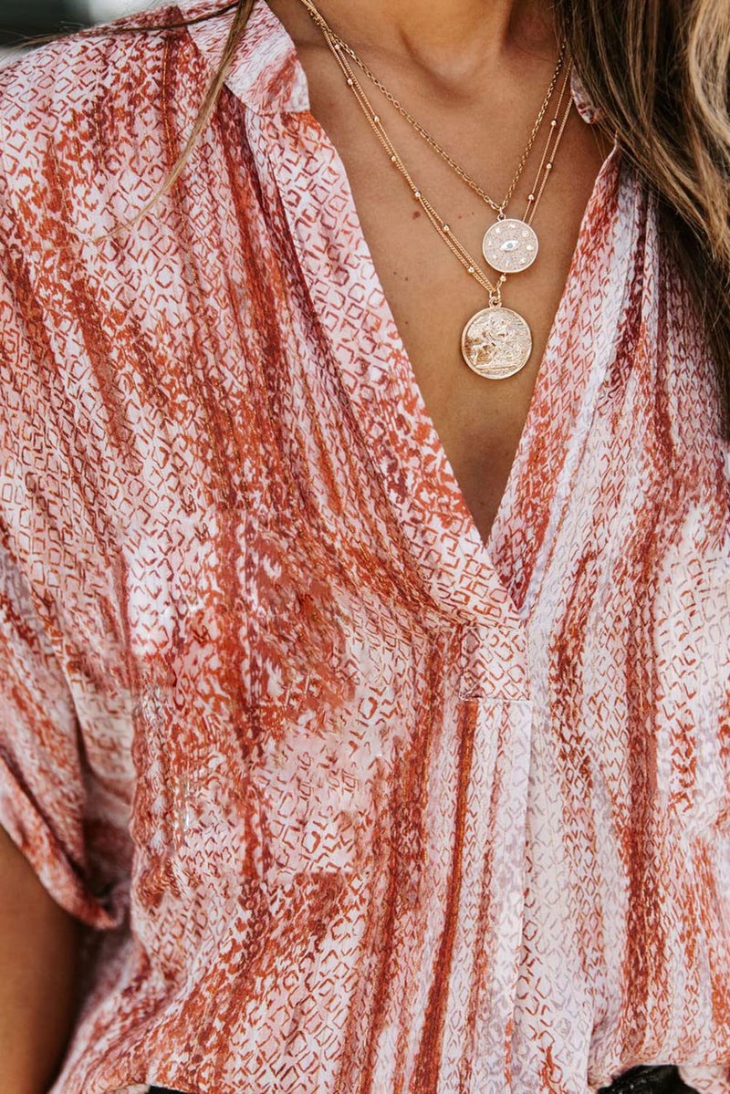 ANCAPELION Women’s Summer Chiffon Blouse Casual Short Sleeve V Neck Shirt Loose Printed Cuffed Sleeve Tunic Tops for Women Line Orange Printed Small - Image 5