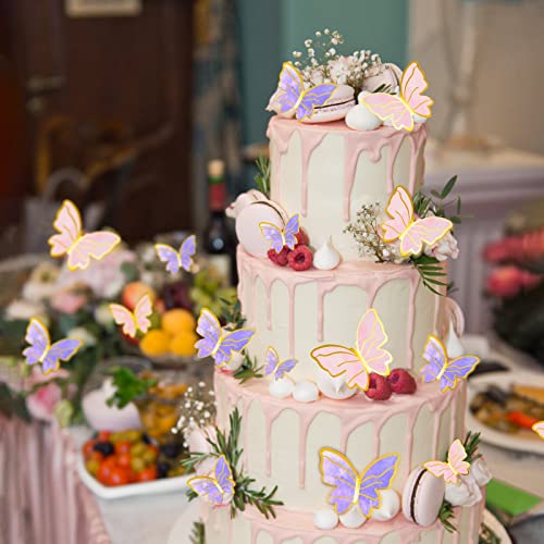 WOW DING 60Pcs Butterfly Cupcake Topper Pink Purple Gold, Lively 3D Butterflies for Cake Decor Birthday Anniversary Kids Wedding Girl Women Party Wall Food Decorations,Mixed Size - Image 2
