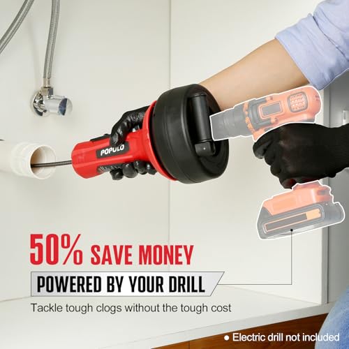 POPULO Drain Auger, Auto Feed Plumbing Snake Clog Remover for Unclog Sink Drain 3/4"-2" Pipe, 16 Ft Snake Hair Drain Clog Remover Cleaner Tools Manually or Powered for Shower, Bathtub, Kitchen, Sink - Image 4