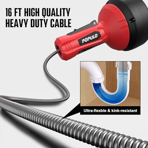 POPULO Drain Auger, Auto Feed Plumbing Snake Clog Remover for Unclog Sink Drain 3/4"-2" Pipe, 16 Ft Snake Hair Drain Clog Remover Cleaner Tools Manually or Powered for Shower, Bathtub, Kitchen, Sink - Image 3