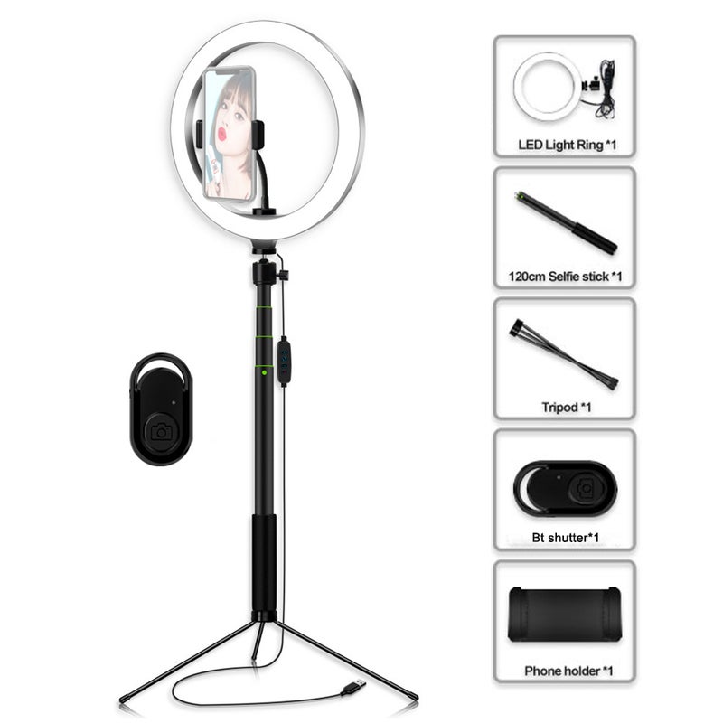 Loquat Dimmable LED Ring Video Light With Selfie Stick Tabletop Tripod Multicolour - Image 1