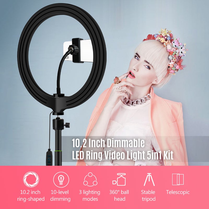Loquat Dimmable LED Ring Video Light With Selfie Stick Tabletop Tripod Multicolour - Image 4