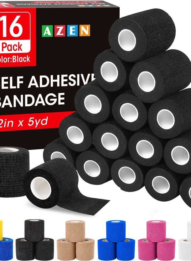 AZEN 16 عبوة لاصقة ذاتية لرباط الجروح باللون الأسود، 2" × 5 ياردات شريط رياضي أسود، لفة بيطرية، شريط تثبيت الوشم، شريط كاحل، لفة ضمادة متماسكة - Image 1