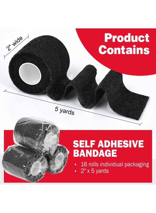 AZEN 16 عبوة لاصقة ذاتية لرباط الجروح باللون الأسود، 2" × 5 ياردات شريط رياضي أسود، لفة بيطرية، شريط تثبيت الوشم، شريط كاحل، لفة ضمادة متماسكة - Image 2