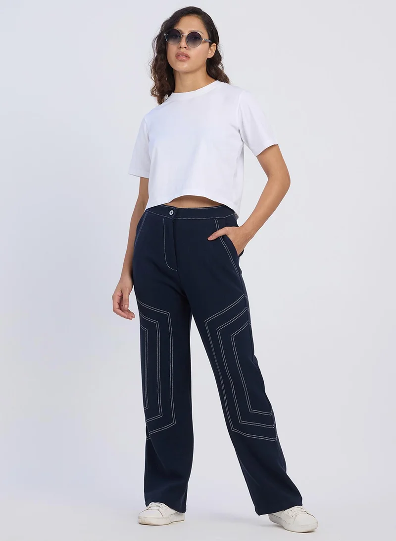 PINACOLADA PINACOLADA Women's Prussian Blue Hexagonal Straight-Fit Trousers For Casual Wear | Mid-Rise | Straight Fit | Button Closure | Trousers Designed With Comfortable Fit For Woman & Girls