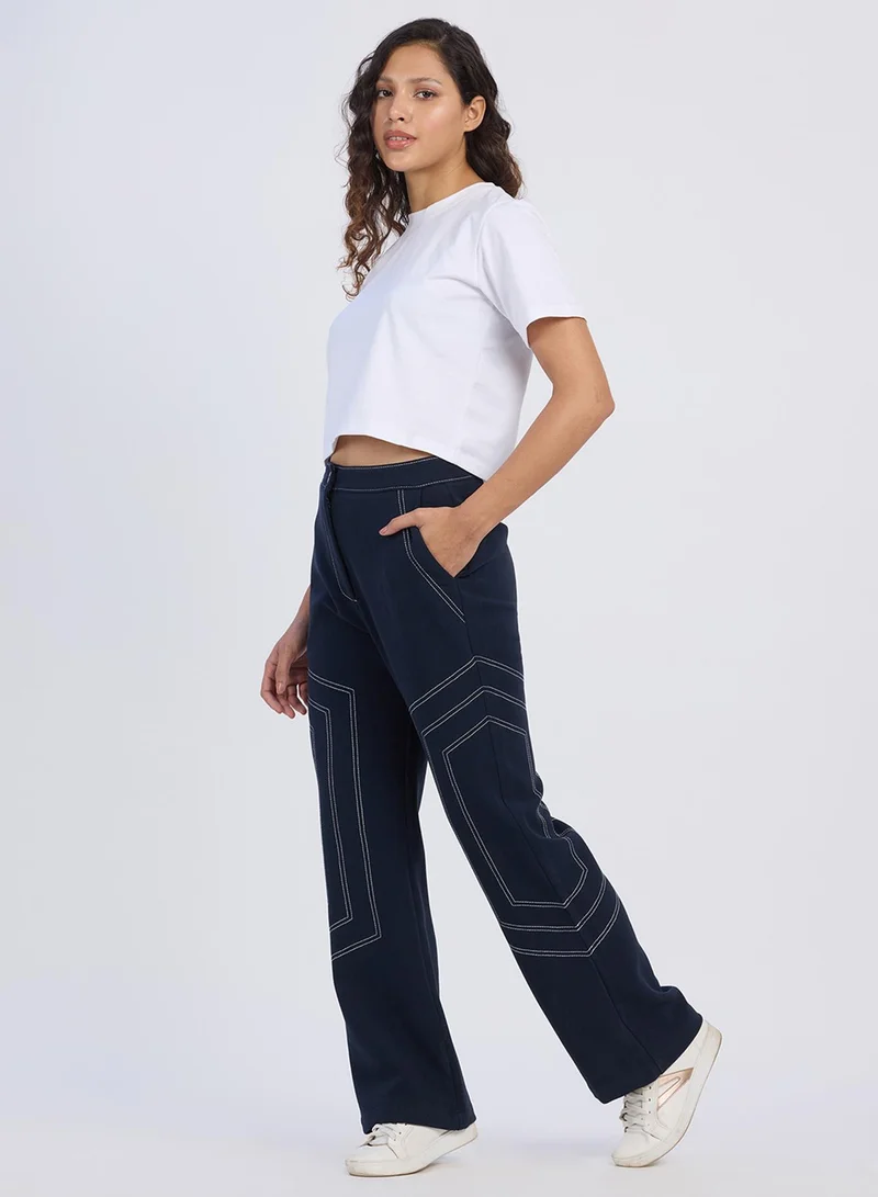 PINACOLADA PINACOLADA Women's Prussian Blue Hexagonal Straight-Fit Trousers For Casual Wear | Mid-Rise | Straight Fit | Button Closure | Trousers Designed With Comfortable Fit For Woman & Girls